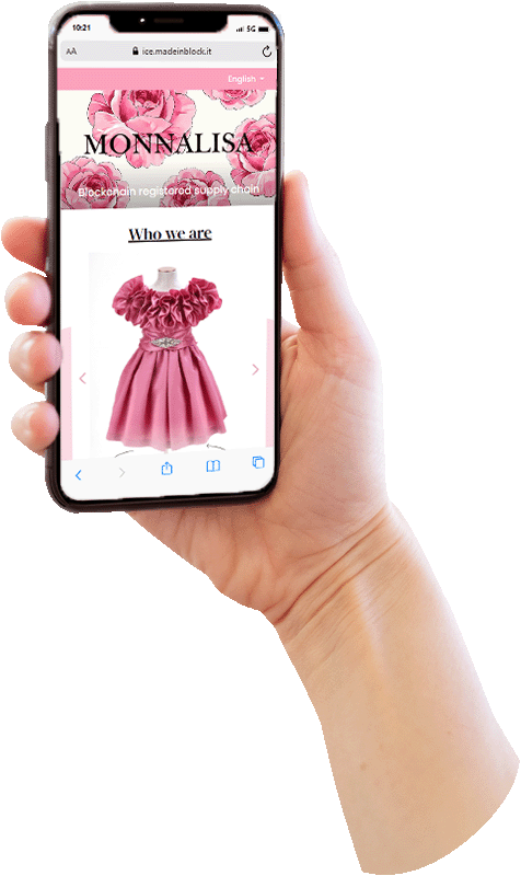 smartphone con passaporto digitale di prodotto fashion di un vestito monnalisa