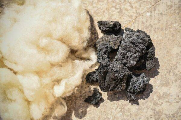 Immagine che rappresenta il progetto Wool2Resource: biochar in agricoltura e che mette vicino il biochar e la lana da cui deriva per ottenere importanti vantaggi in agricoltura