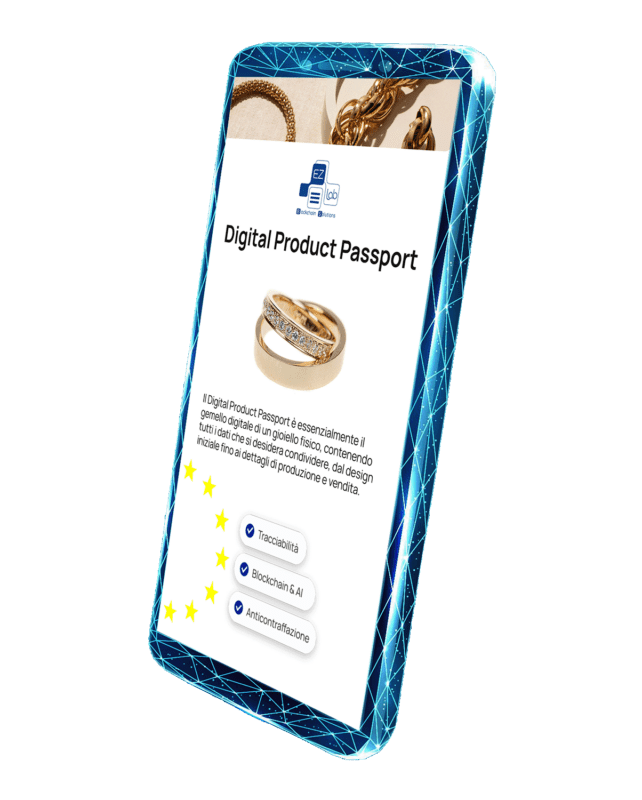 Rappresentazione di un Digital Product Passport Gioielli di una fede contenente tracciabilità, anticontraffazione e sostenibilità.